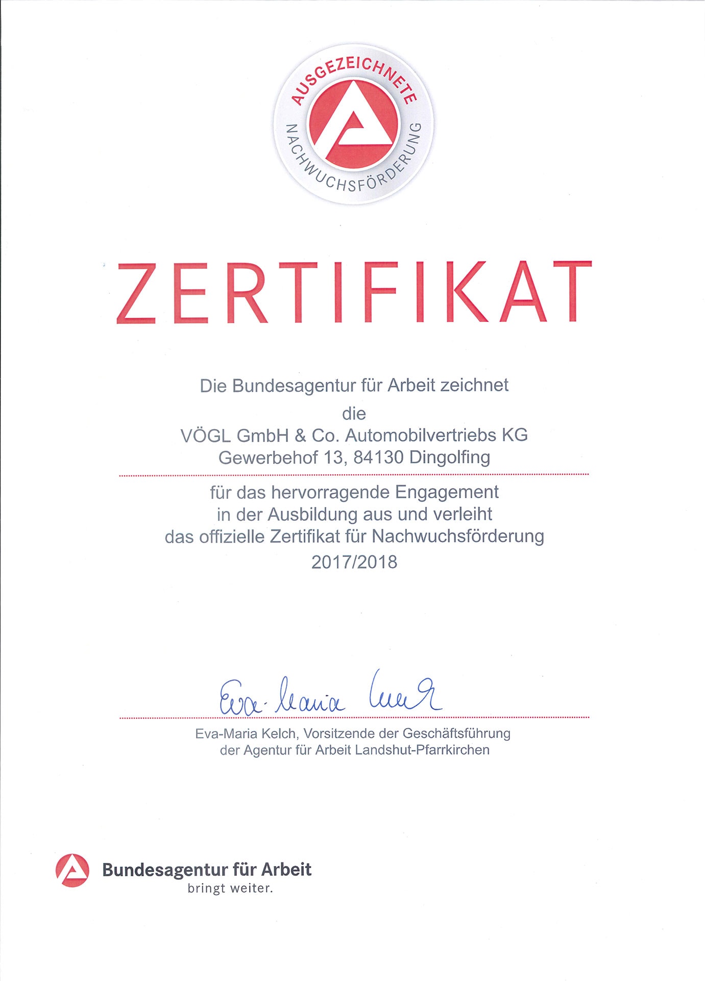 Zertifikat von der Bundesagentur für Arbeit für Vögl GmbH & Co. Automobilvertriebs KG
